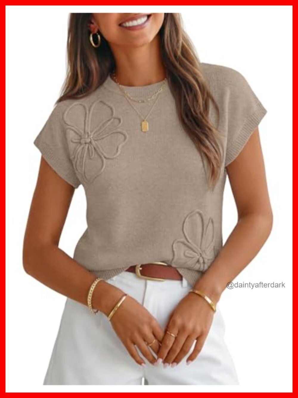 Floral Sweater Vest Cap Sleeve Crew Neck Knit Work Top
